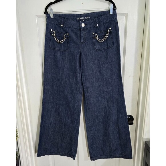 Michael Kors Womens Blue Denim Jeans Wide Leg Chain Accent Low Rise Size 8P - Picture 4 of 12